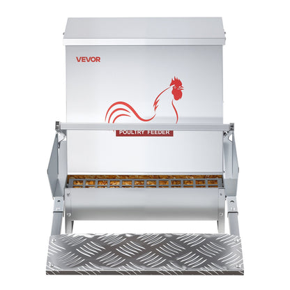 Automatic Chicken Feeder, 18.14 kg Capacity, Rainproof Treadle Poultry Feeder with Lockable Lid, No Waste, Galvanized Steel Construction, Outdoor Use, for Chicken, Bantams, Poultry, Pheasants