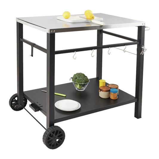 VEVOR Outdoor Grill Dining Cart with Double-Shelf, 85*55cm BBQ Movable Food Prep Table, Multifunctional Stainless Steel Table Top, Portable Modular Carts for Pizza Oven, Worktable with 2 Wheels, Carry Handle - Mekamart Australia