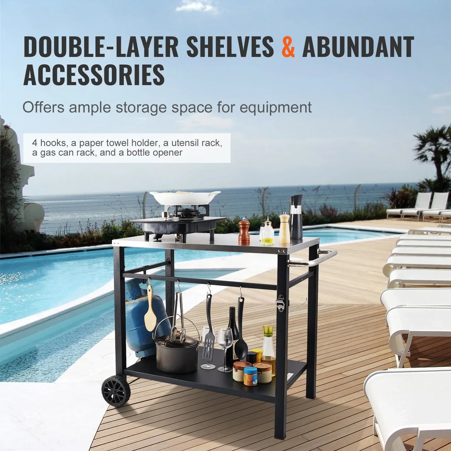 VEVOR Outdoor Grill Dining Cart with Double-Shelf, 85*55cm BBQ Movable Food Prep Table, Multifunctional Stainless Steel Table Top, Portable Modular Carts for Pizza Oven, Worktable with 2 Wheels, Carry Handle - Mekamart Australia