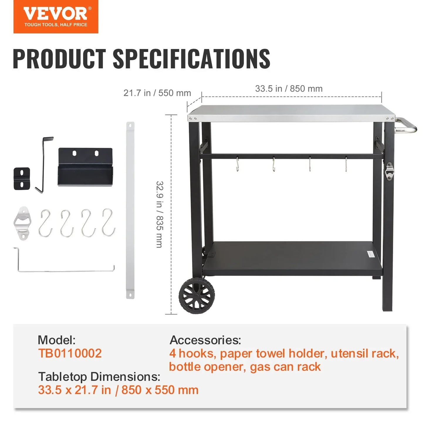 VEVOR Outdoor Grill Dining Cart with Double-Shelf, 85*55cm BBQ Movable Food Prep Table, Multifunctional Stainless Steel Table Top, Portable Modular Carts for Pizza Oven, Worktable with 2 Wheels, Carry Handle - Mekamart Australia