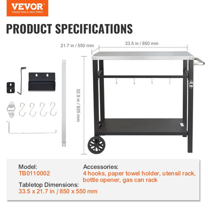 VEVOR Outdoor Grill Dining Cart with Double-Shelf, 85*55cm BBQ Movable Food Prep Table, Multifunctional Stainless Steel Table Top, Portable Modular Carts for Pizza Oven, Worktable with 2 Wheels, Carry Handle - Mekamart Australia
