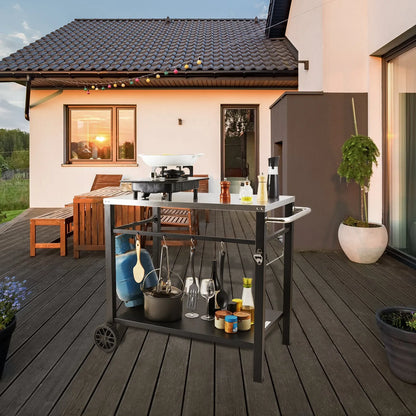 VEVOR Outdoor Grill Dining Cart with Double-Shelf, 85*55cm BBQ Movable Food Prep Table, Multifunctional Stainless Steel Table Top, Portable Modular Carts for Pizza Oven, Worktable with 2 Wheels, Carry Handle - Mekamart Australia