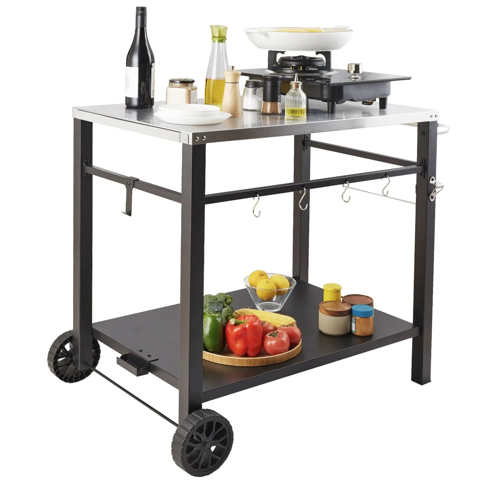 VEVOR Outdoor Grill Dining Cart with Double-Shelf, 85*55cm BBQ Movable Food Prep Table, Multifunctional Stainless Steel Table Top, Portable Modular Carts for Pizza Oven, Worktable with 2 Wheels, Carry Handle - Mekamart Australia