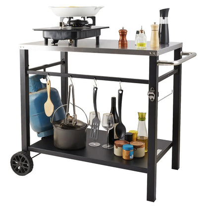 VEVOR Outdoor Grill Dining Cart with Double-Shelf, 85*55cm BBQ Movable Food Prep Table, Multifunctional Stainless Steel Table Top, Portable Modular Carts for Pizza Oven, Worktable with 2 Wheels, Carry Handle - Mekamart Australia