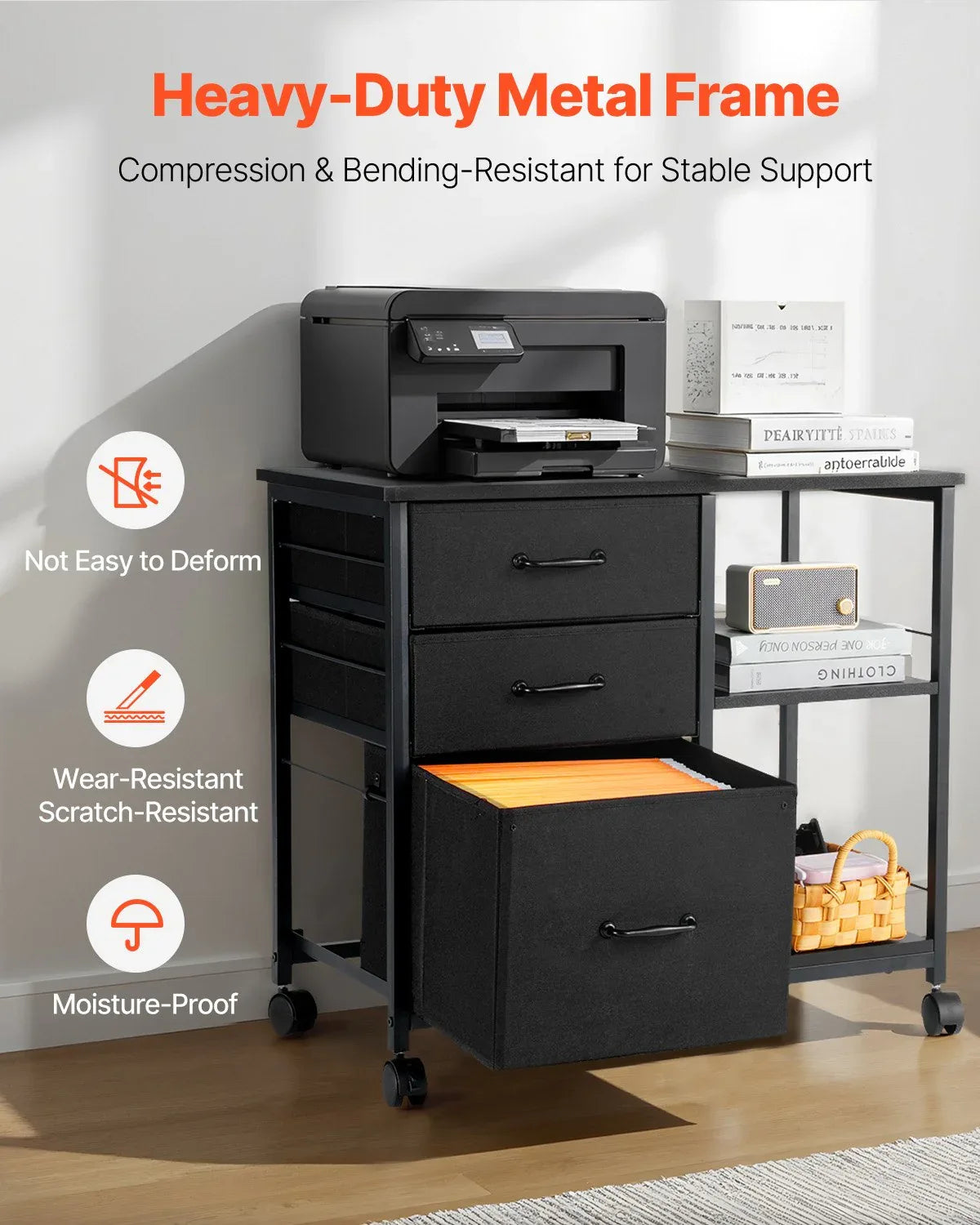 VEVOR Mobile Metal File Cabinet with 3 Fabric Drawers and 2 Open Shelves Black - Mekamart Australia