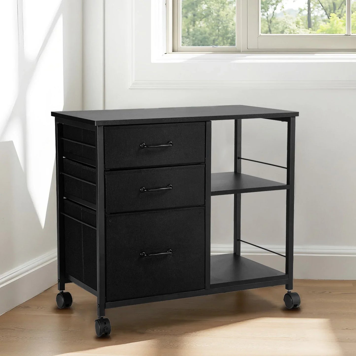 VEVOR Mobile Metal File Cabinet with 3 Fabric Drawers and 2 Open Shelves Black - Mekamart Australia
