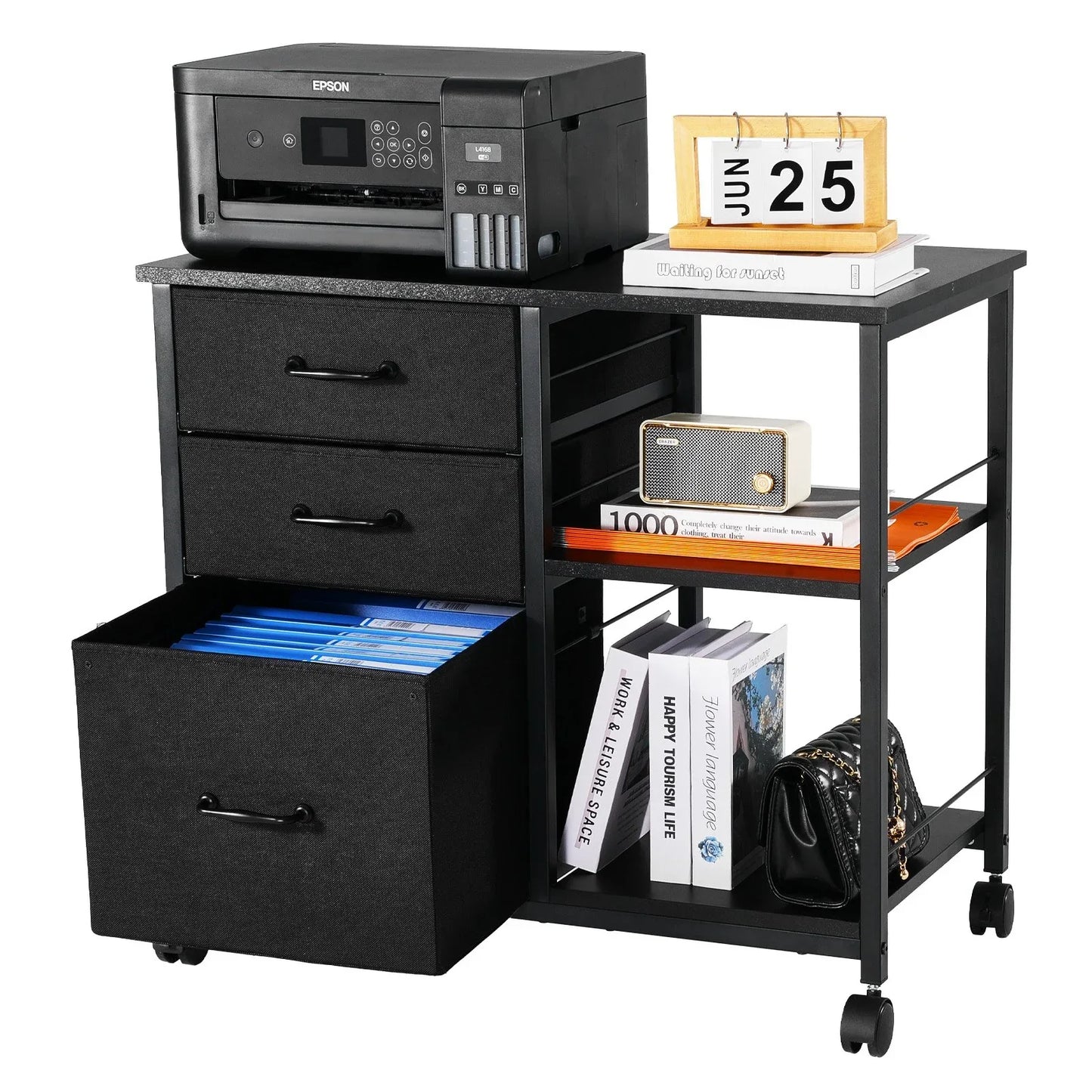 VEVOR Mobile Metal File Cabinet with 3 Fabric Drawers and 2 Open Shelves Black - Mekamart Australia
