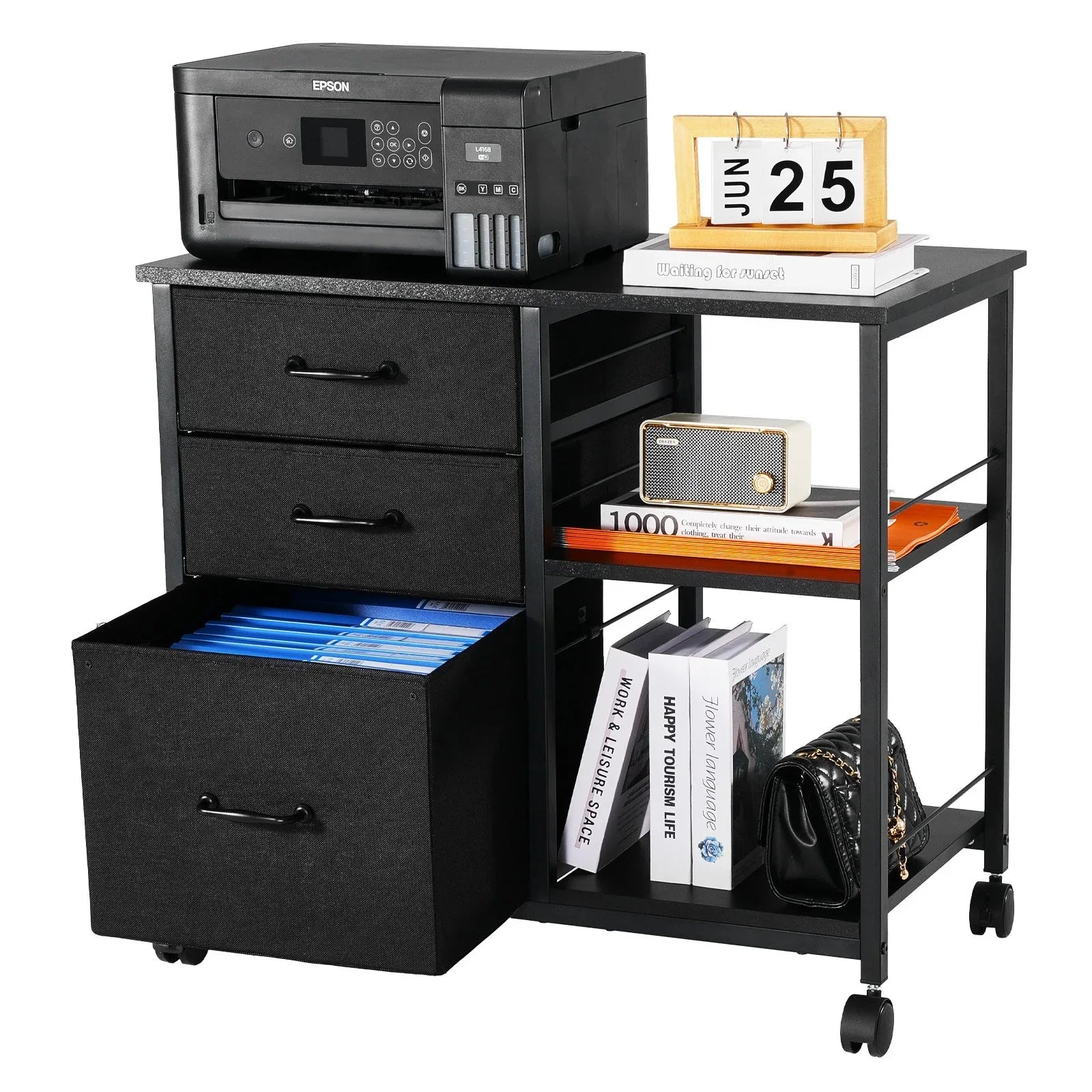 VEVOR Mobile Metal File Cabinet with 3 Fabric Drawers and 2 Open Shelves Black - Mekamart Australia