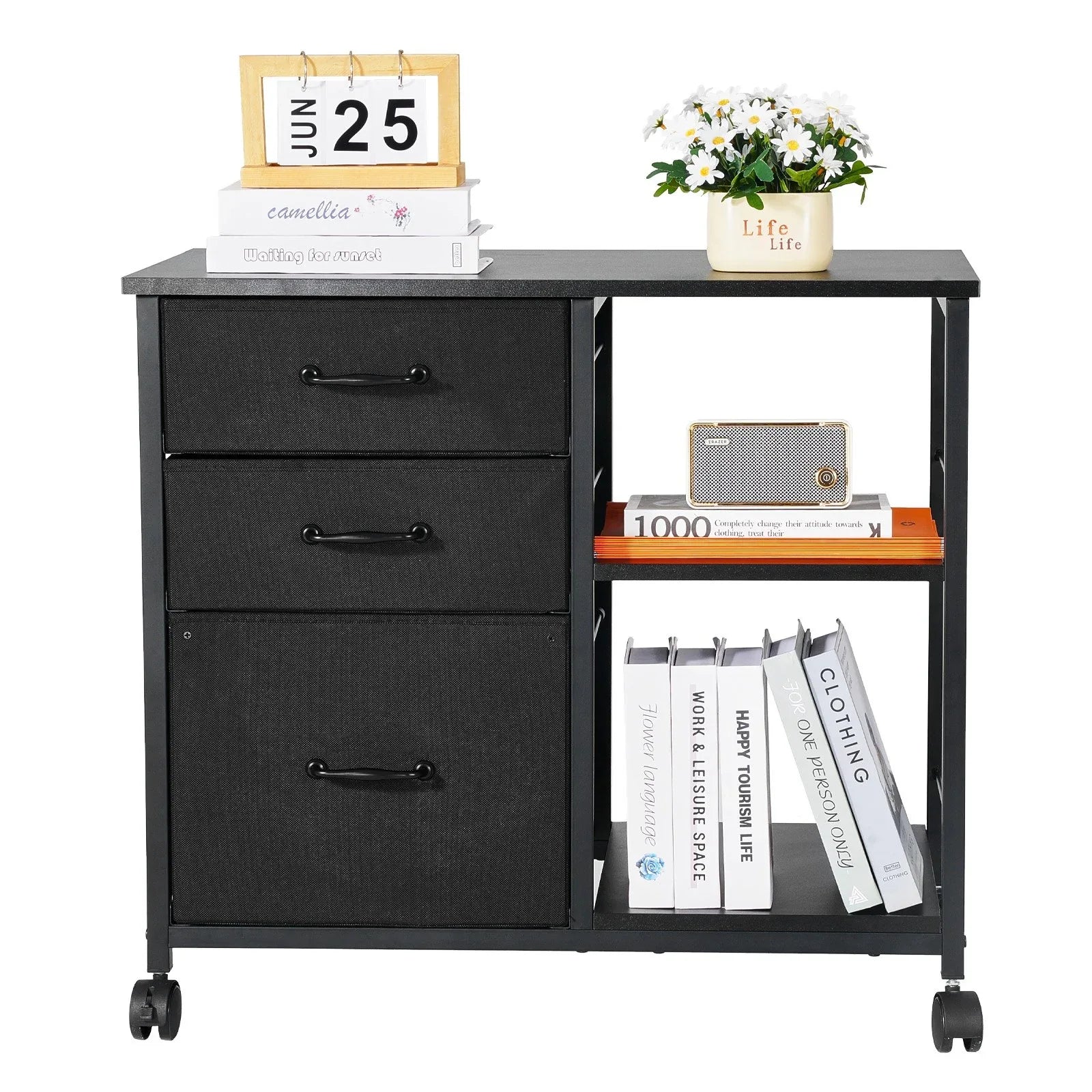 VEVOR Mobile Metal File Cabinet with 3 Fabric Drawers and 2 Open Shelves Black - Mekamart Australia