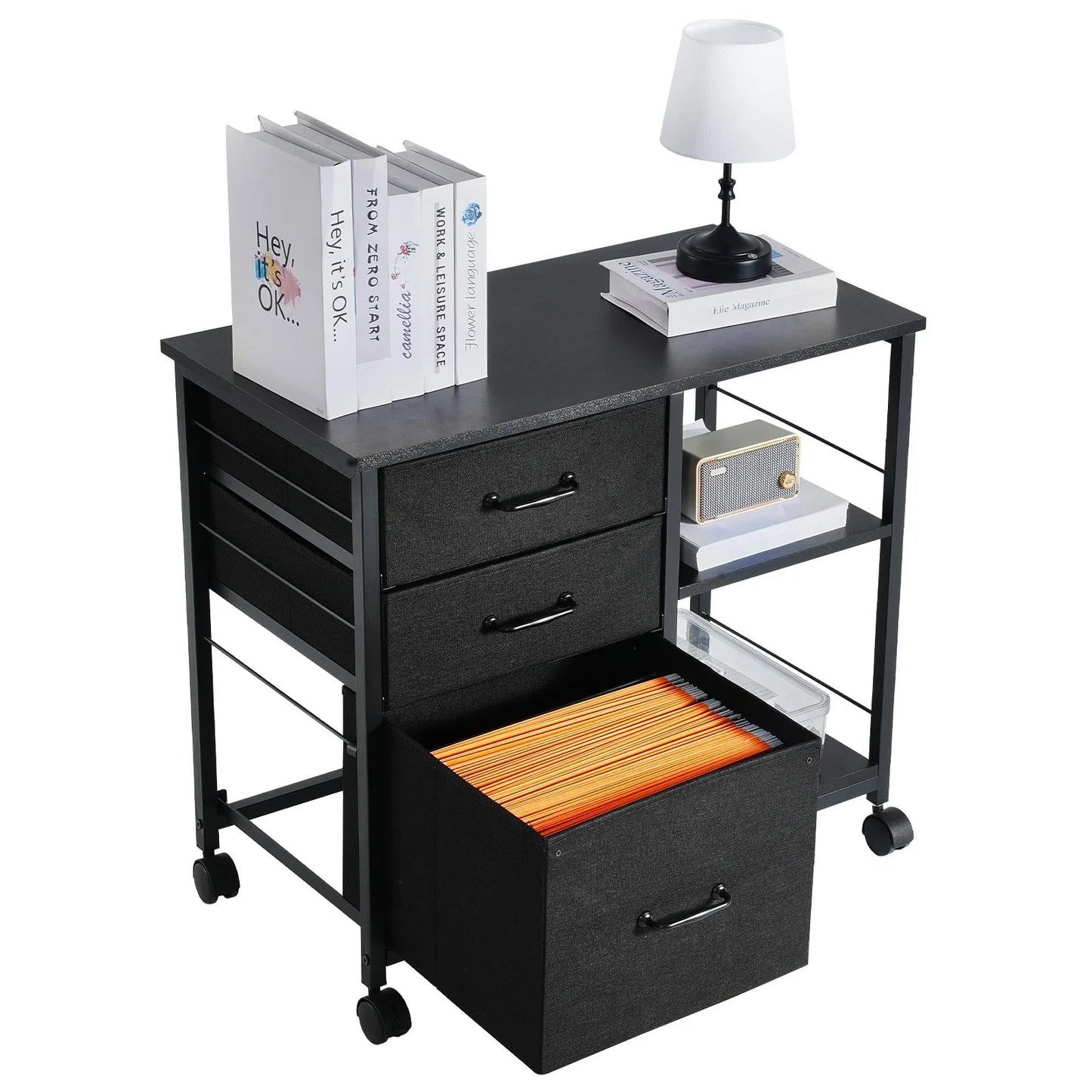 VEVOR Mobile Metal File Cabinet with 3 Fabric Drawers and 2 Open Shelves Black - Mekamart Australia