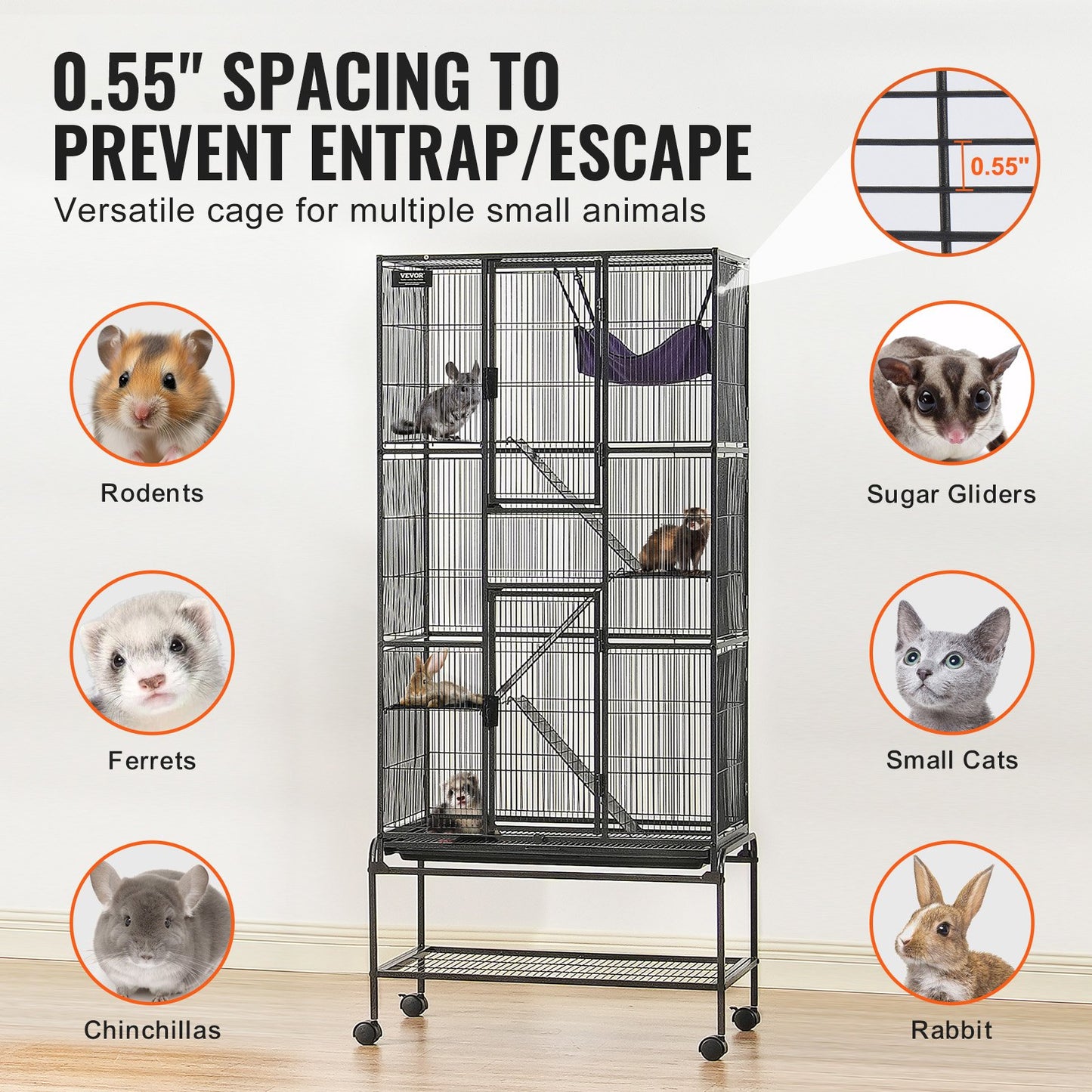 69" Metal Small Animal Cage 4-Tier Rolling Ferret Cage with Tray 3 Ramps