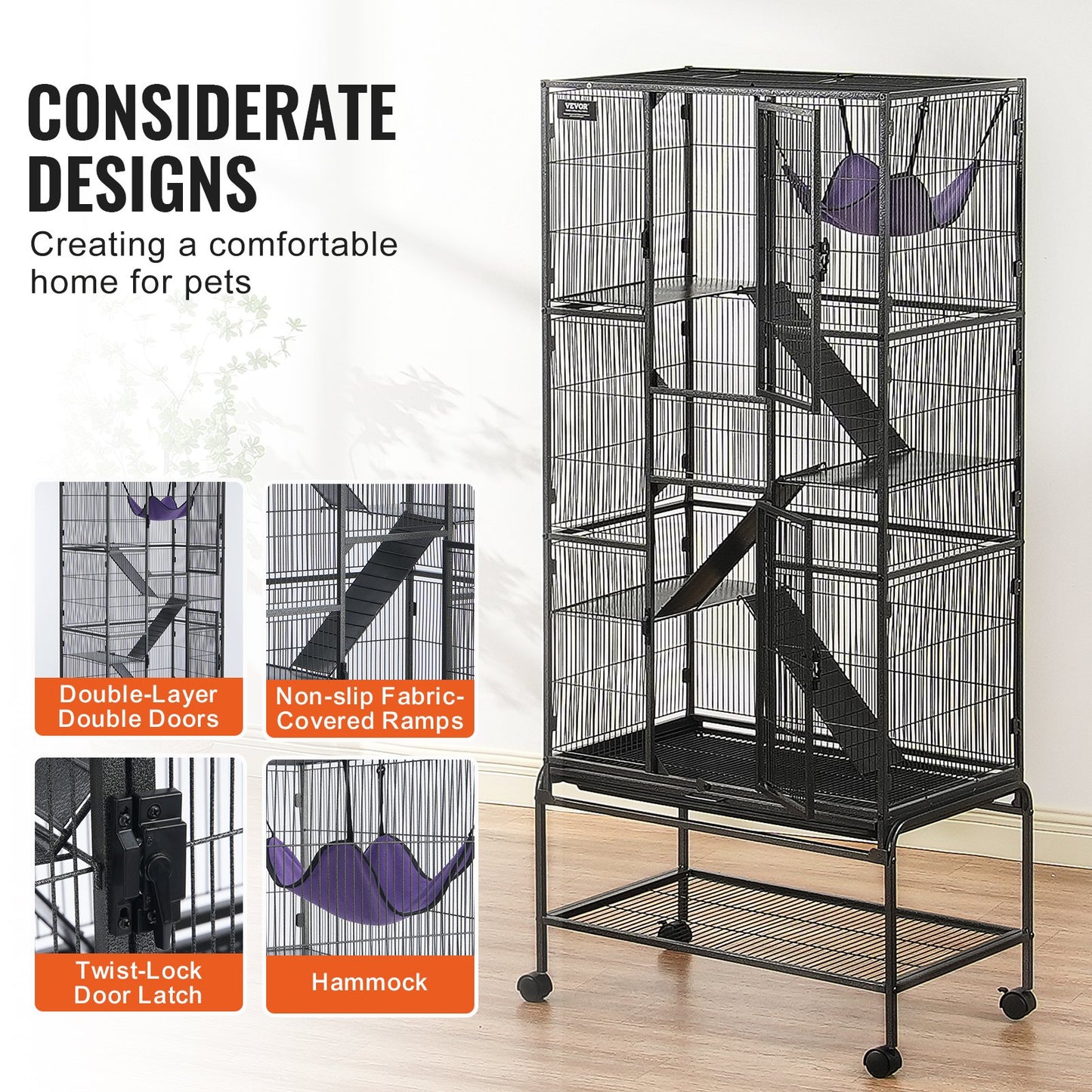 69" Metal Small Animal Cage 4-Tier Rolling Ferret Cage with Tray 3 Ramps
