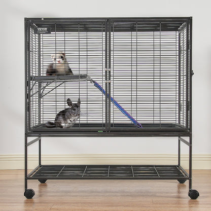 39" Metal Small Animal Cage 2-Tier Rolling Ferret Cage with Tray A Ramp