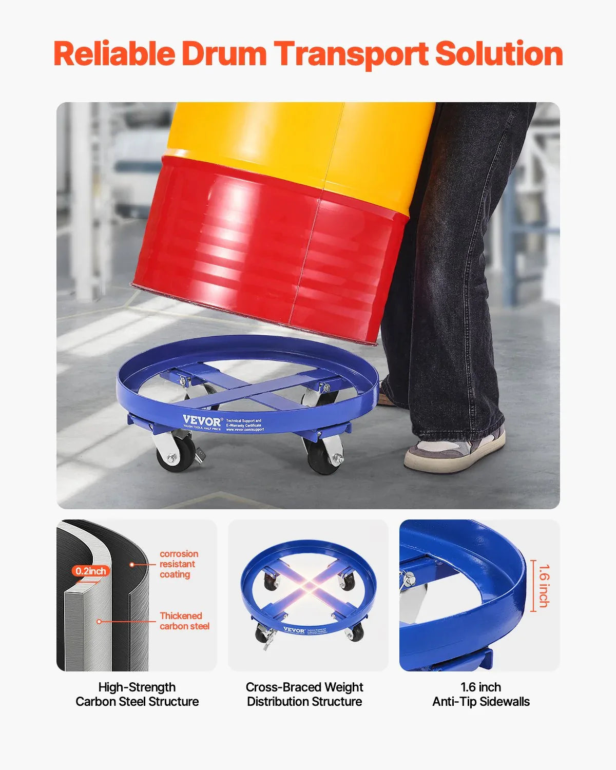 VEVOR 55 Gallon Drum Dolly 2000 lbs Barrel Dolly Cart Drum Caddy 4 Caster Wheels - Mekamart Australia