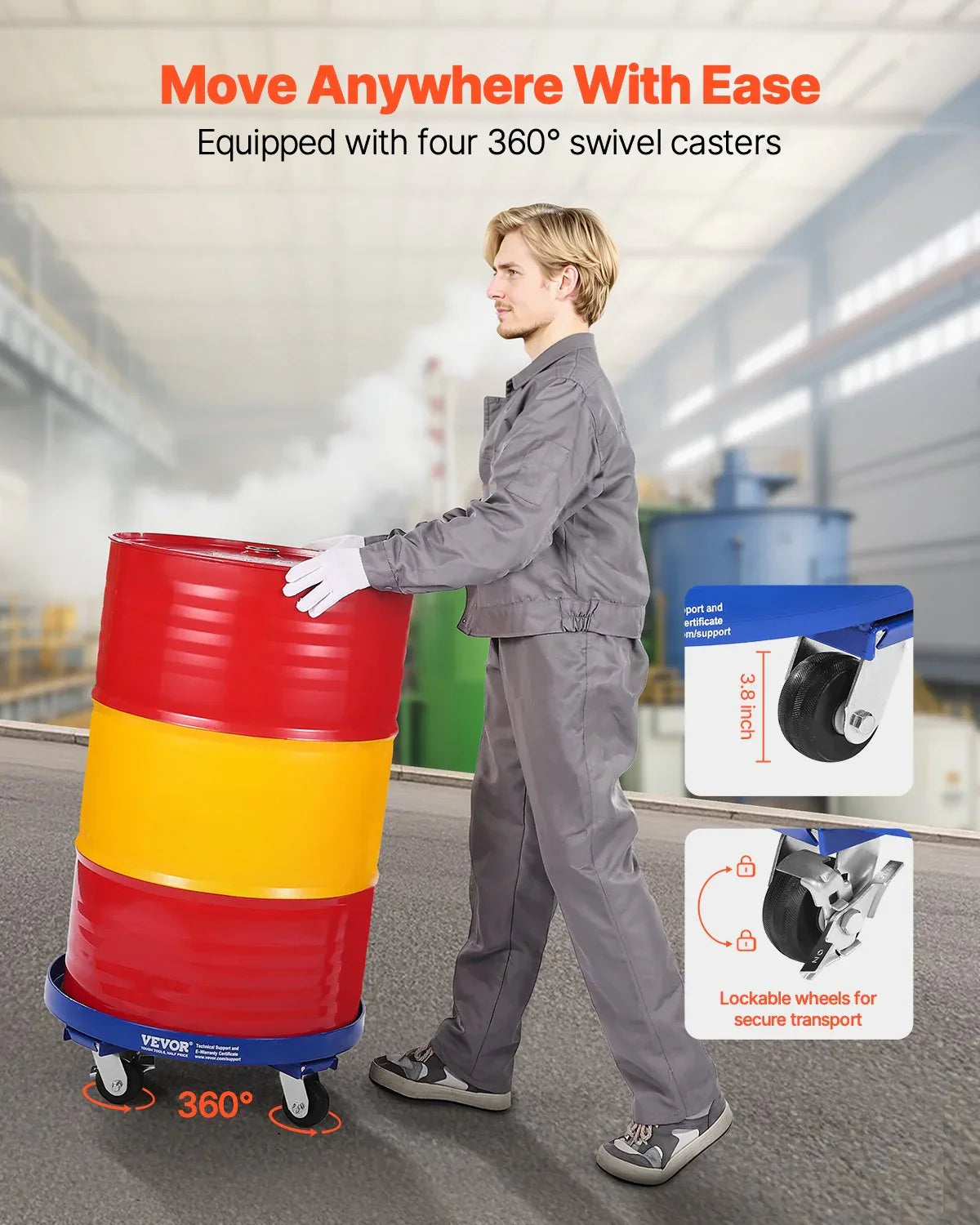 VEVOR 55 Gallon Drum Dolly 2000 lbs Barrel Dolly Cart Drum Caddy 4 Caster Wheels - Mekamart Australia