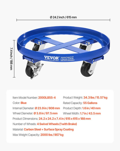 VEVOR 55 Gallon Drum Dolly 2000 lbs Barrel Dolly Cart Drum Caddy 4 Caster Wheels - Mekamart Australia