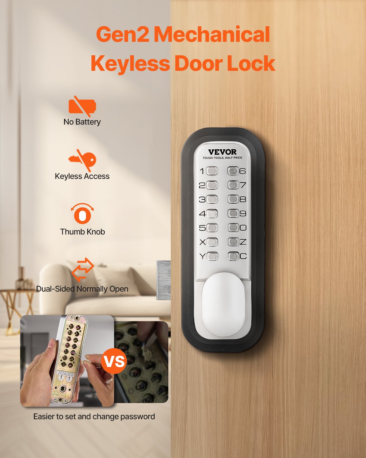 Mechanical Keyless Entry Door Lock, 14 Key Mechanical Door Lock, Mechanical Keypad Door Lock with Adjustable Thumb Knob, Single-Side Zinc Alloy Waterproof Keyless Gate Lock, for Home Office