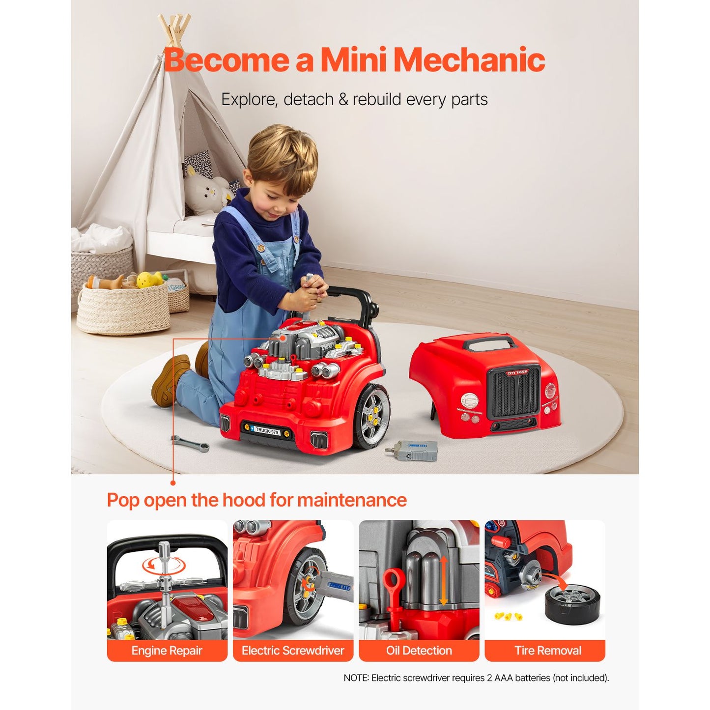 Engine Toy, 60 Pieces, Kids Mechanic Car Repair Set with Removable Parts, Lights and Sounds, Steering Wheel and Horn, Kids Mechanic Workshop Set for Toddler Ages 3 Years and Up, Red