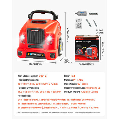 Engine Toy, 60 Pieces, Kids Mechanic Car Repair Set with Removable Parts, Lights and Sounds, Steering Wheel and Horn, Kids Mechanic Workshop Set for Toddler Ages 3 Years and Up, Red