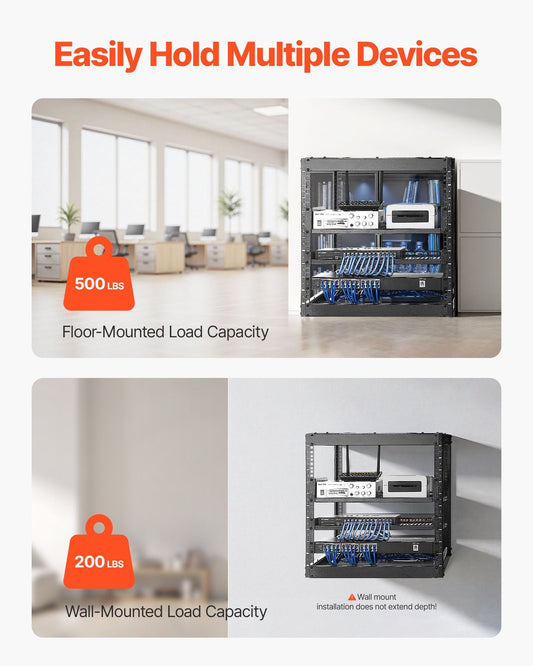 10U Open Frame Network Rack, 585 mm Depth, Wall Mounted or Floor Standing Server Rack, Heavy Duty 4 Post, with Vented Shelves & Mounting Hardware, Holds All Your Networking IT Equipment AV Gear