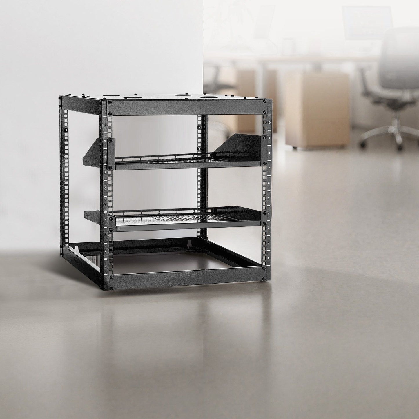 10U Open Frame Network Rack, 585 mm Depth, Wall Mounted or Floor Standing Server Rack, Heavy Duty 4 Post, with Vented Shelves & Mounting Hardware, Holds All Your Networking IT Equipment AV Gear