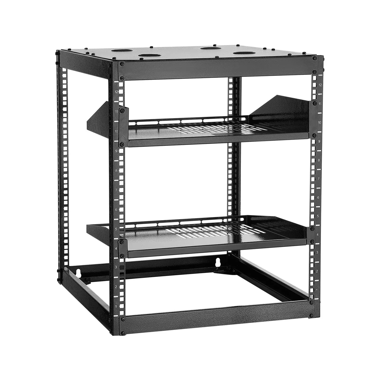 VEVOR 12U Open Frame Network Rack, 585 mm Depth, Wall Mounted or Floor Standing Server Rack, Heavy Duty 4 Post, with Vented Shelves & Mounting Hardware, Holds All Your Networking IT Equipment AV Gear - Mekamart Australia