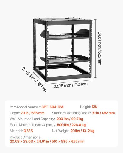 VEVOR 12U Open Frame Network Rack, 585 mm Depth, Wall Mounted or Floor Standing Server Rack, Heavy Duty 4 Post, with Vented Shelves & Mounting Hardware, Holds All Your Networking IT Equipment AV Gear - Mekamart Australia