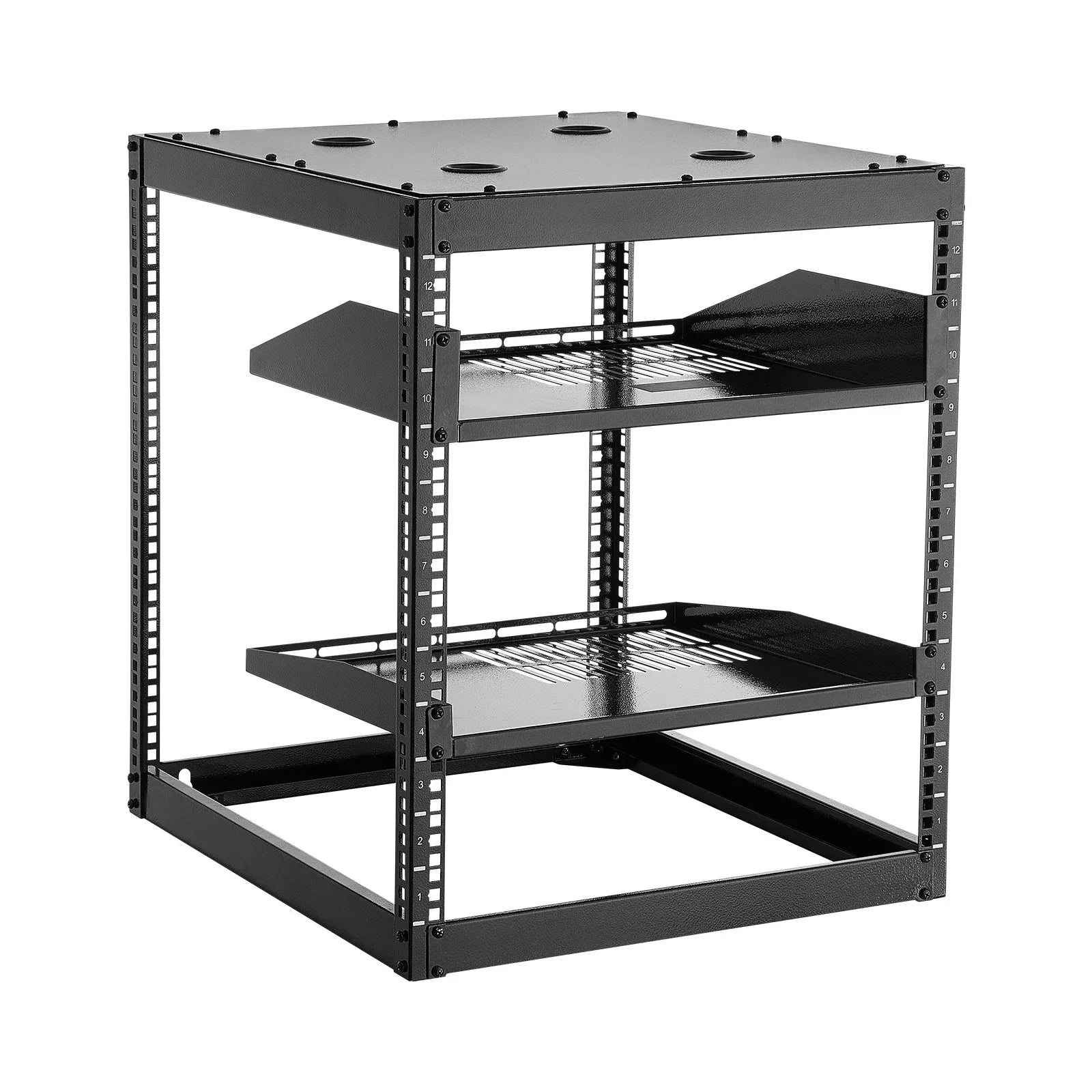 VEVOR 12U Open Frame Network Rack, 585 mm Depth, Wall Mounted or Floor Standing Server Rack, Heavy Duty 4 Post, with Vented Shelves & Mounting Hardware, Holds All Your Networking IT Equipment AV Gear - Mekamart Australia