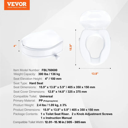 VEVOR Raised Toilet Seat, 100 mm Height Raised, 136 kg Weight Capacity, Universal Toilet Seat Riser, Screw Rod Locking, with Toilet Seat, for Elderly, Handicap, Patient, Pregnant, Medical - Mekamart Australia