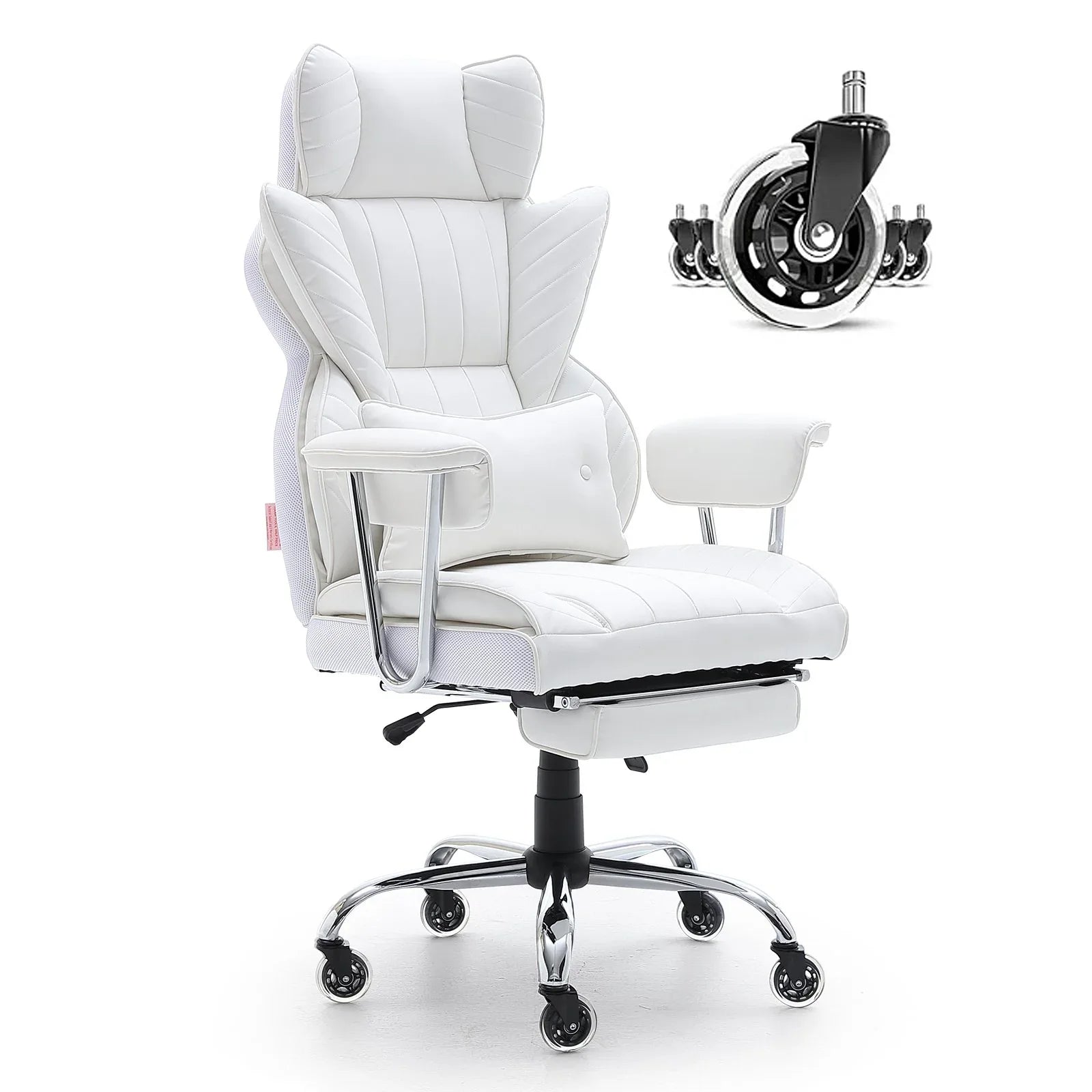 VEVOR Reclining Office Chair with Footrest, Heavy Duty PU Leather Wide Office Chair, Big and Tall Executive Office Chairs with Lumbar Support, Strong Metal Base Quiet Wheels, White - Mekamart Australia