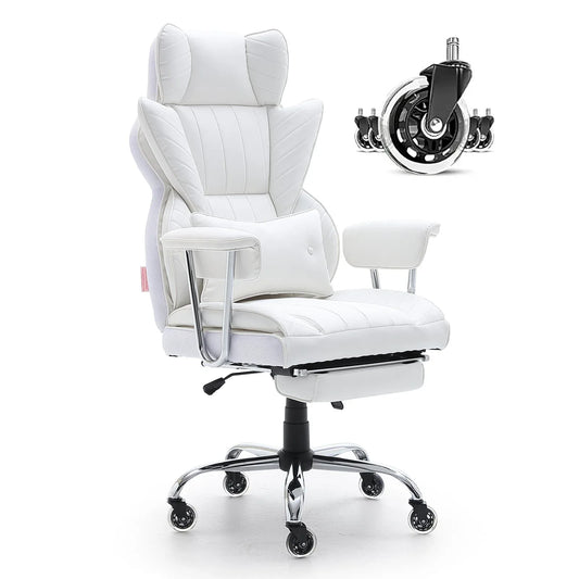 VEVOR Reclining Office Chair with Footrest, Heavy Duty PU Leather Wide Office Chair, Big and Tall Executive Office Chairs with Lumbar Support, Strong Metal Base Quiet Wheels, White - Mekamart Australia