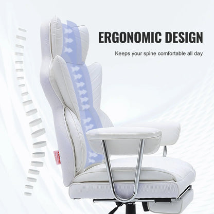 VEVOR Reclining Office Chair with Footrest, Heavy Duty PU Leather Wide Office Chair, Big and Tall Executive Office Chairs with Lumbar Support, Strong Metal Base Quiet Wheels, White - Mekamart Australia
