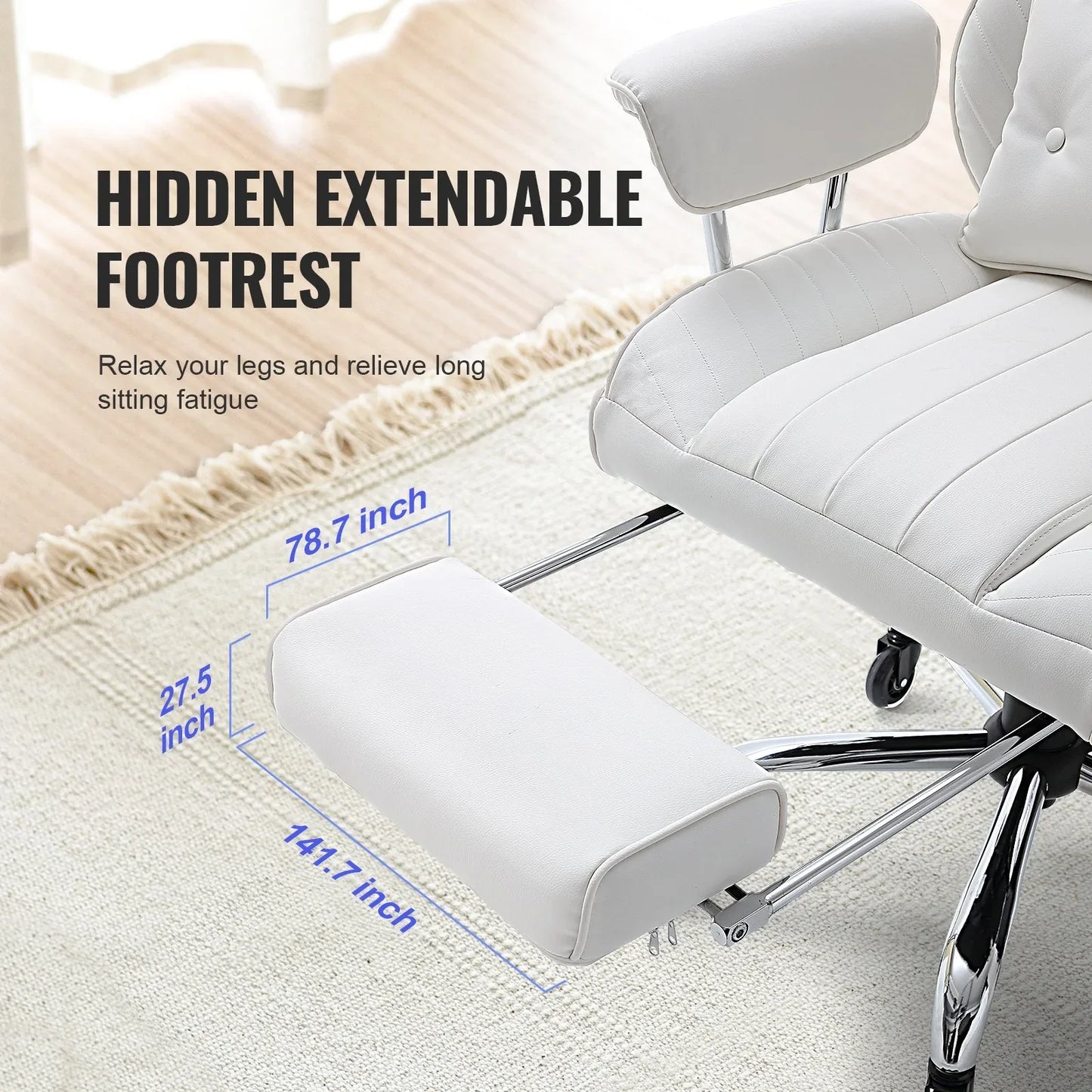 VEVOR Reclining Office Chair with Footrest, Heavy Duty PU Leather Wide Office Chair, Big and Tall Executive Office Chairs with Lumbar Support, Strong Metal Base Quiet Wheels, White - Mekamart Australia