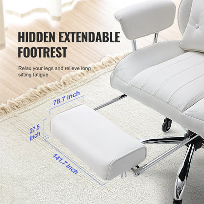 VEVOR Reclining Office Chair with Footrest, Heavy Duty PU Leather Wide Office Chair, Big and Tall Executive Office Chairs with Lumbar Support, Strong Metal Base Quiet Wheels, White - Mekamart Australia