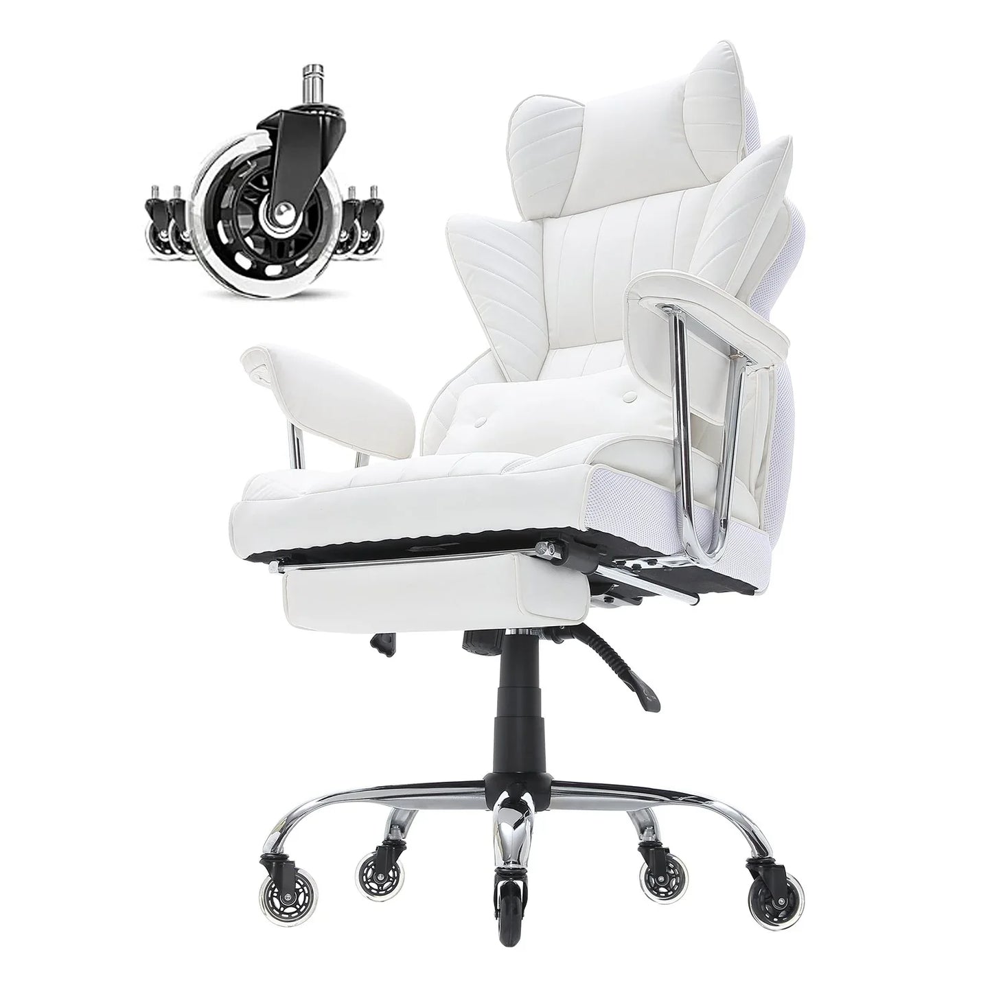 VEVOR Reclining Office Chair with Footrest, Heavy Duty PU Leather Wide Office Chair, Big and Tall Executive Office Chairs with Lumbar Support, Strong Metal Base Quiet Wheels, White - Mekamart Australia