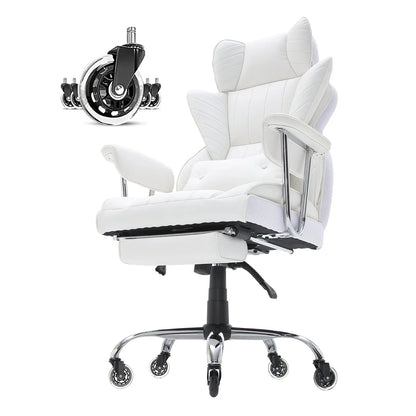 VEVOR Reclining Office Chair with Footrest, Heavy Duty PU Leather Wide Office Chair, Big and Tall Executive Office Chairs with Lumbar Support, Strong Metal Base Quiet Wheels, White - Mekamart Australia