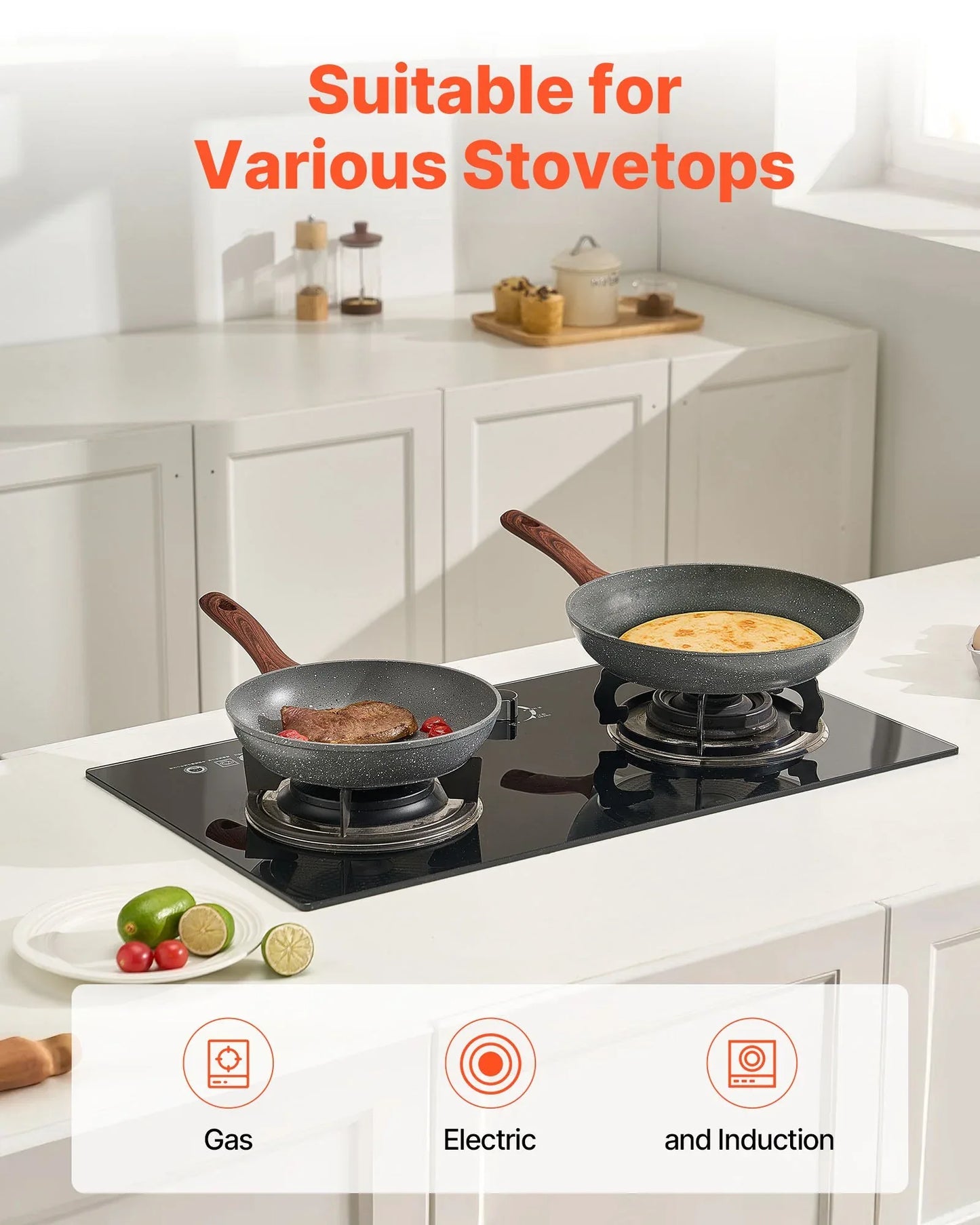 VEVOR Frying Pan Skillet, Aluminum Egg Fry Pans, 3 Piece Set (250, 280, 325 mm), Nonsitck Heavy-Duty Skillets with Heat-Resistant Handle, Chef's Kitchen Cookware, for Gas, Electric, Induction, Grey - Mekamart Australia