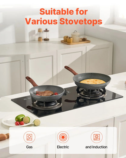 VEVOR Frying Pan Skillet, Aluminum Egg Fry Pans, 3 Piece Set (250, 280, 325 mm), Nonsitck Heavy-Duty Skillets with Heat-Resistant Handle, Chef's Kitchen Cookware, for Gas, Electric, Induction, Grey - Mekamart Australia
