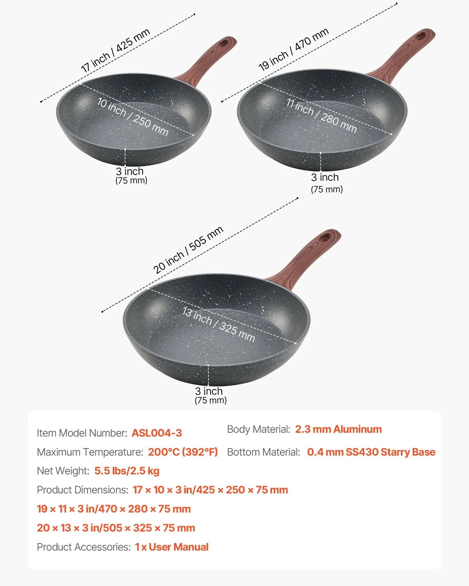 VEVOR Frying Pan Skillet, Aluminum Egg Fry Pans, 3 Piece Set (250, 280, 325 mm), Nonsitck Heavy-Duty Skillets with Heat-Resistant Handle, Chef's Kitchen Cookware, for Gas, Electric, Induction, Grey - Mekamart Australia