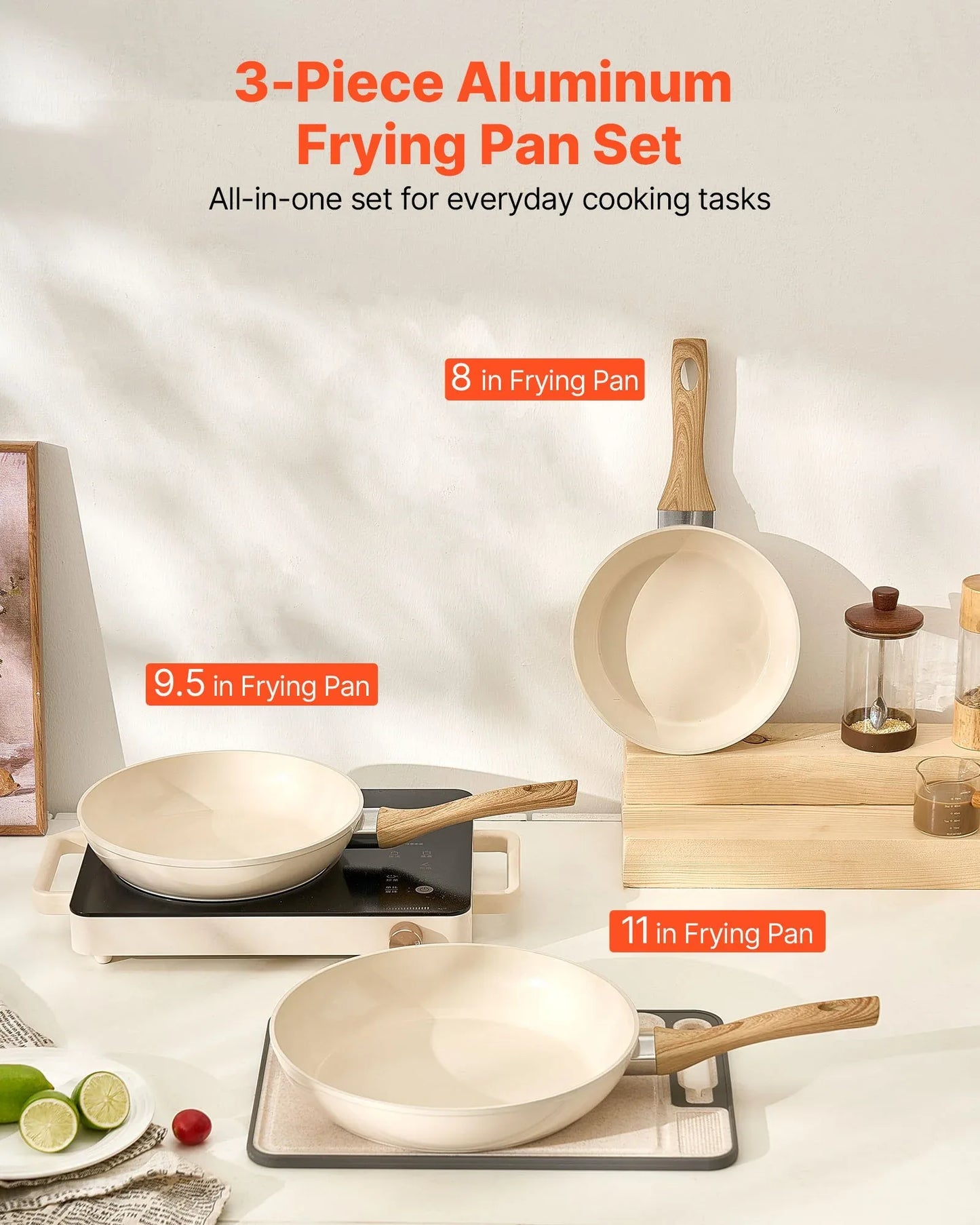 VEVOR Frying Pan Skillet, Aluminum Egg Fry Pans, 3 Pcs (200, 240, 280 mm), Nonsitck Ceramic Heavy-Duty Skillets with Heat-Resistant Handle, Chef's Kitchen Cookware for Gas, Electric, Induction, Beige - Mekamart Australia