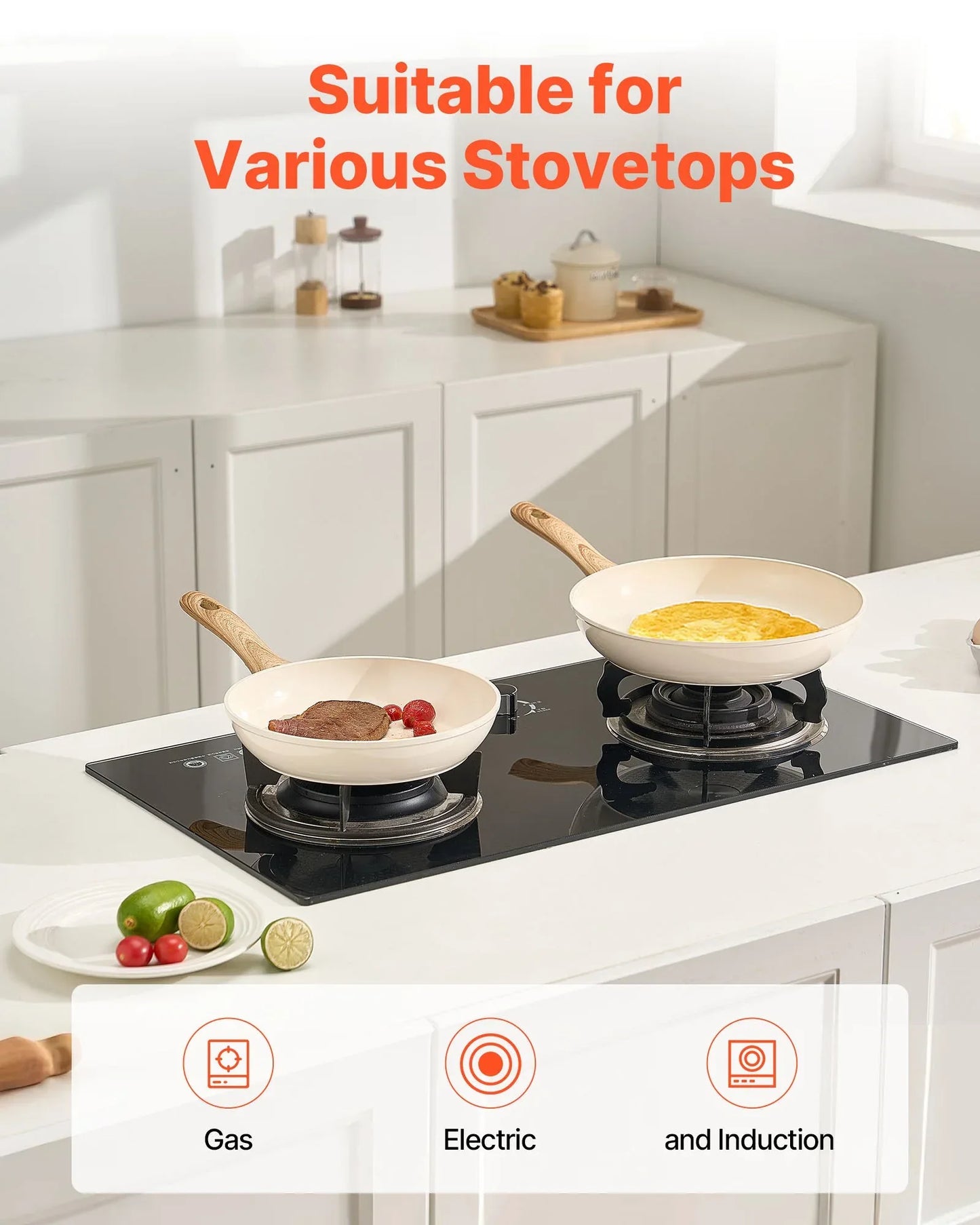 VEVOR Frying Pan Skillet, Aluminum Egg Fry Pans, 3 Pcs (200, 240, 280 mm), Nonsitck Ceramic Heavy-Duty Skillets with Heat-Resistant Handle, Chef's Kitchen Cookware for Gas, Electric, Induction, Beige - Mekamart Australia
