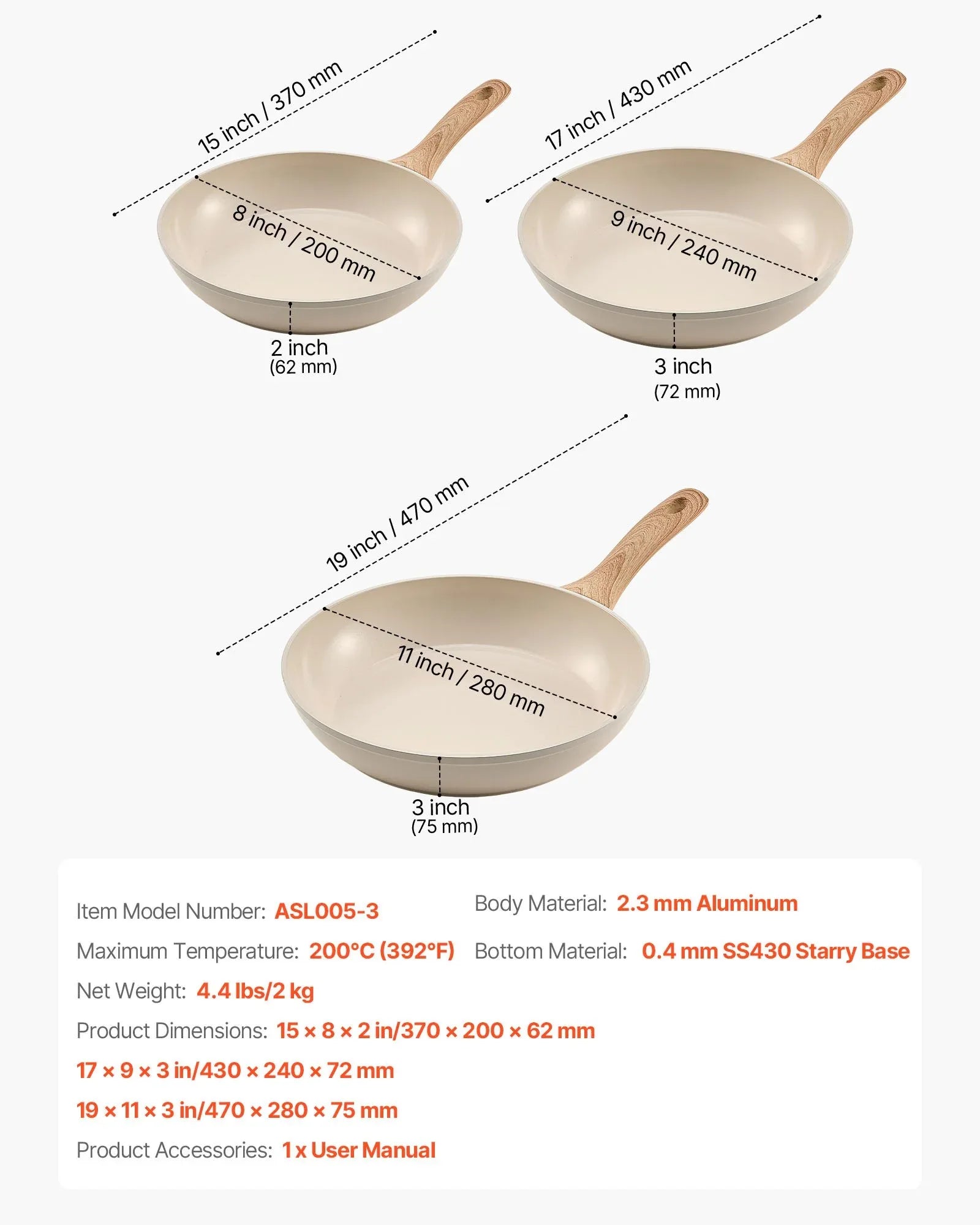 VEVOR Frying Pan Skillet, Aluminum Egg Fry Pans, 3 Pcs (200, 240, 280 mm), Nonsitck Ceramic Heavy-Duty Skillets with Heat-Resistant Handle, Chef's Kitchen Cookware for Gas, Electric, Induction, Beige - Mekamart Australia