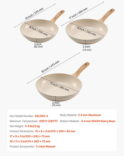 VEVOR Frying Pan Skillet, Aluminum Egg Fry Pans, 3 Pcs (200, 240, 280 mm), Nonsitck Ceramic Heavy-Duty Skillets with Heat-Resistant Handle, Chef's Kitchen Cookware for Gas, Electric, Induction, Beige - Mekamart Australia