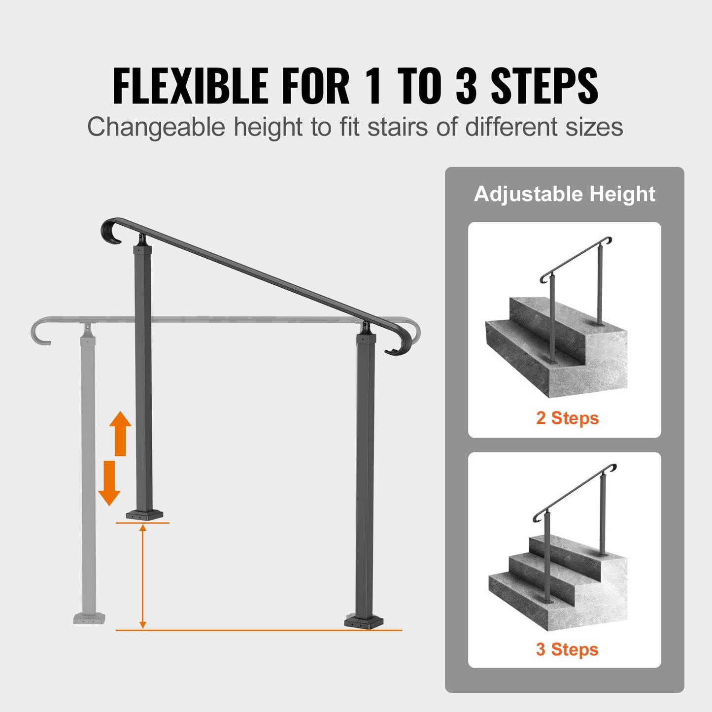 Handrails for Outdoor Steps, Fit 1-3 Steps Wrought Iron Handrail, Outdoor Stair Railing, Adjustable Front Porch Hand Rail, Black Transitional Hand railings for Concrete Steps or Wooden Stairs