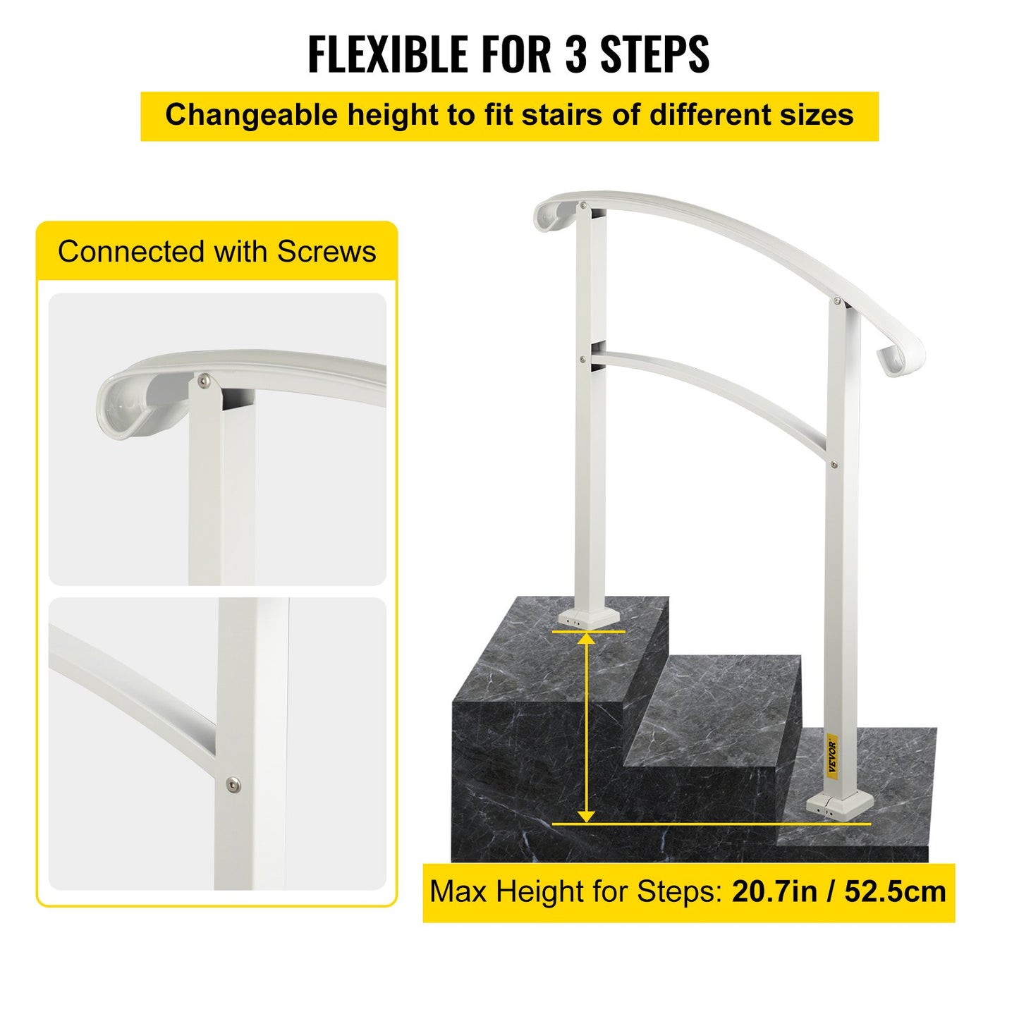 3-Step Handrails for Outdoor Steps Fits 1 or 3 Steps Matte White Stair Rail Wrought Iron Handrail with Installation Kit Hand Rails for Outdoor Step