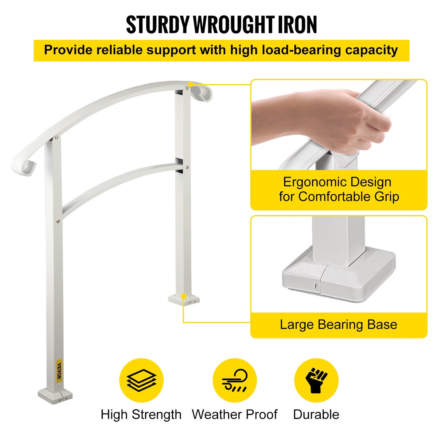 3-Step Handrails for Outdoor Steps Fits 1 or 3 Steps Matte White Stair Rail Wrought Iron Handrail with Installation Kit Hand Rails for Outdoor Step