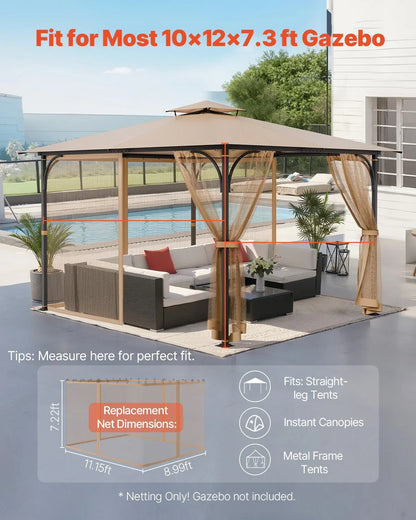 VEVOR Gazebo Netting Replacement, Fit Most 10 x 12 x 7.3 FT Gazebo, Outdoor Garden Gazebo Net, 4-Panel Sidewall Mesh Gazebo Curtain, Patio Midge Netting with Double Zipper, Canopy Screen (Netting Only) - Mekamart Australia