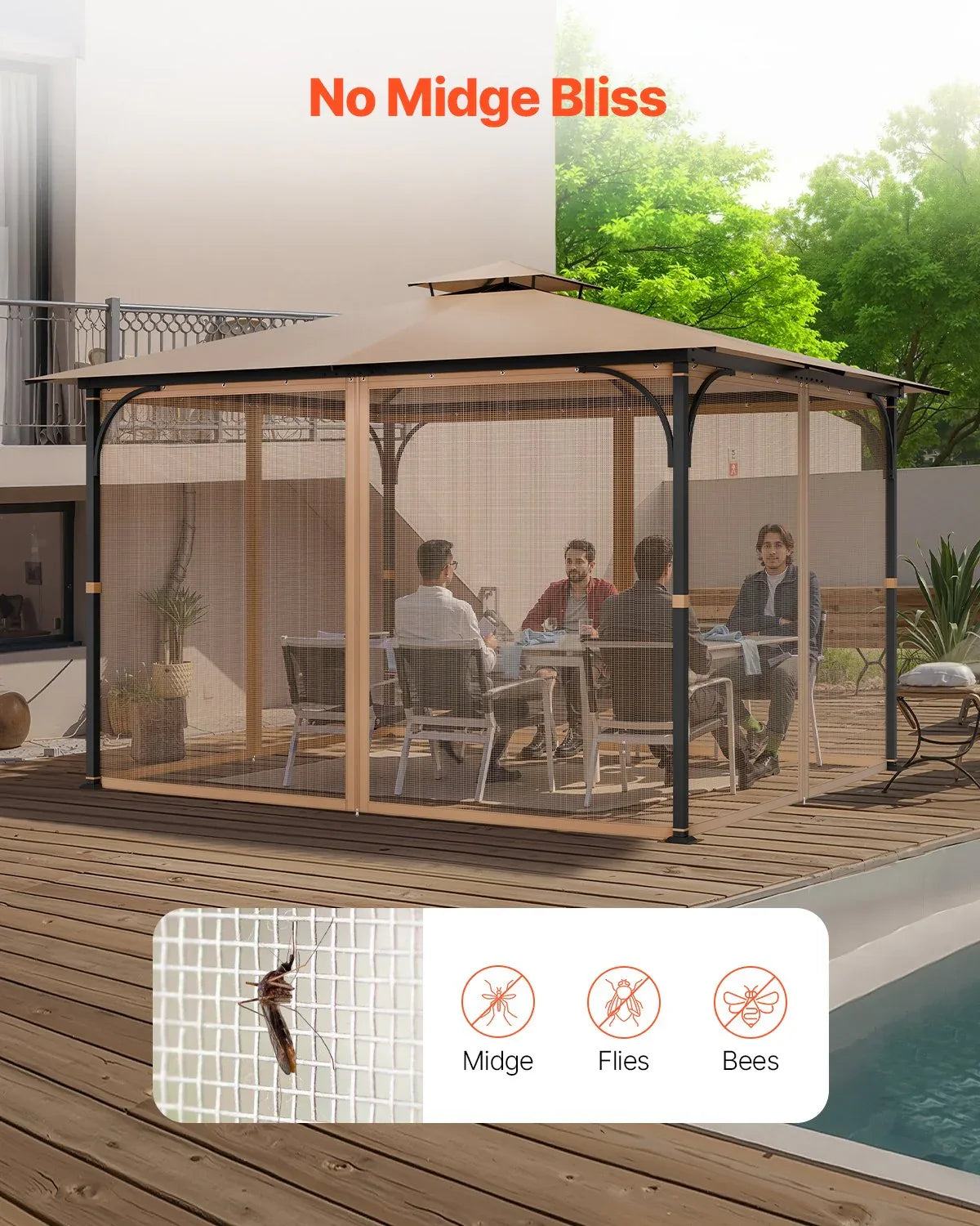 VEVOR Gazebo Netting Replacement, Fit Most 10 x 12 x 7.3 FT Gazebo, Outdoor Garden Gazebo Net, 4-Panel Sidewall Mesh Gazebo Curtain, Patio Midge Netting with Double Zipper, Canopy Screen (Netting Only) - Mekamart Australia