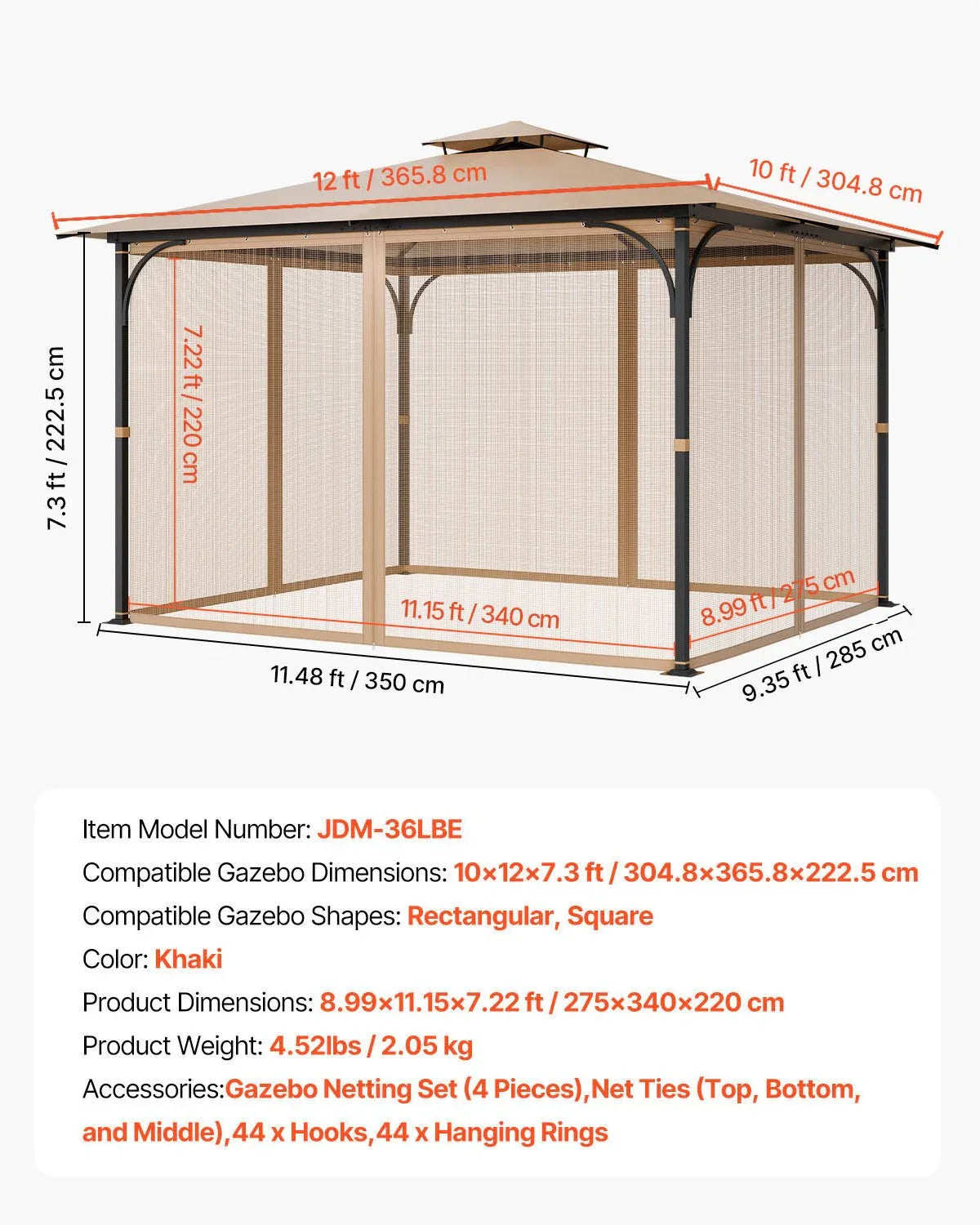 VEVOR Gazebo Netting Replacement, Fit Most 10 x 12 x 7.3 FT Gazebo, Outdoor Garden Gazebo Net, 4-Panel Sidewall Mesh Gazebo Curtain, Patio Midge Netting with Double Zipper, Canopy Screen (Netting Only) - Mekamart Australia