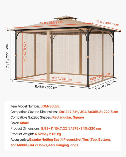 VEVOR Gazebo Netting Replacement, Fit Most 10 x 12 x 7.3 FT Gazebo, Outdoor Garden Gazebo Net, 4-Panel Sidewall Mesh Gazebo Curtain, Patio Midge Netting with Double Zipper, Canopy Screen (Netting Only) - Mekamart Australia